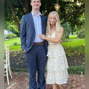 Tiered Monique Lhuillier Midi Dress with Lace Overlay